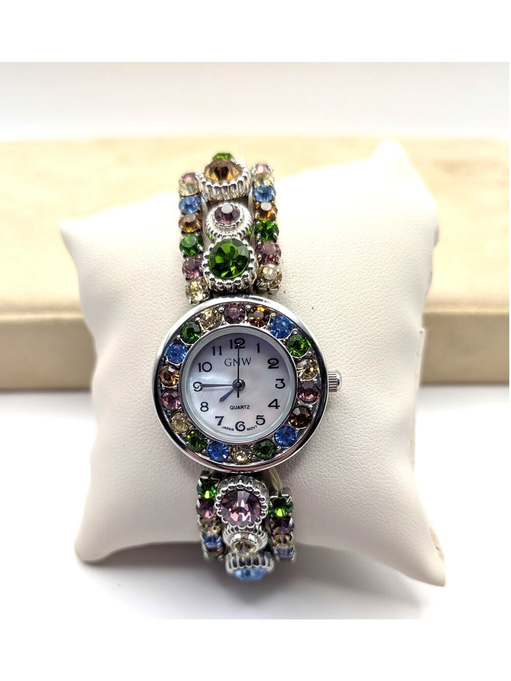 GNW Multicolor Rhinestone Cuff Watch Womens Stretch Bracelet Quartz Works!